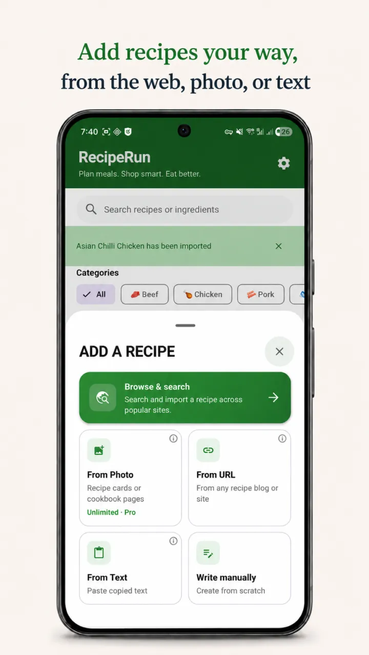 Add recipes to RecipeRun from websites, TikTok, YouTube, video files, photos, or handwritten cards