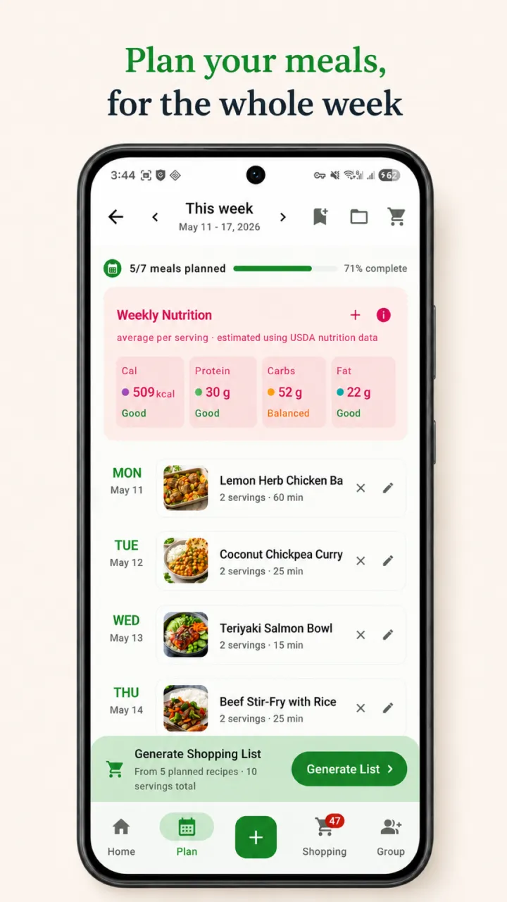 RecipeRun weekly meal plan for breakfast, lunch, and dinner