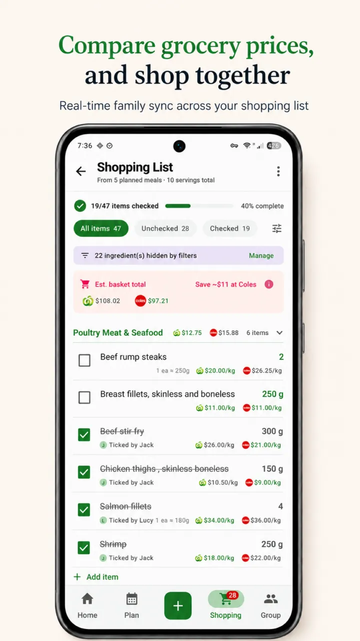 Shared RecipeRun grocery list family members can check off together